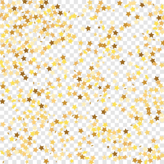 Vettore coriandoli di paillettes stelle su sfondo trasparente. modello di buono regalo. scintillio dell'oro di vettore. particelle che cadono sul pavimento. cornice per feste di natale. biglietto d'auguri piatto isolato. banner di stelle dorate.