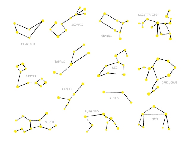 Star set een verzameling van 13 sterrenbeelden met namen Vector geïsoleerd op transparante achtergrond