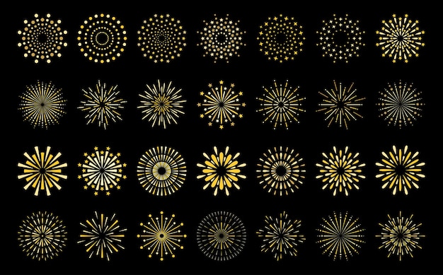 Star shape gold fireworks explosion pattern set flat art deco style star shaped firework pattern