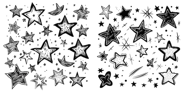 Star shape isolated vector illustration set Drawing star in sky black starry outline