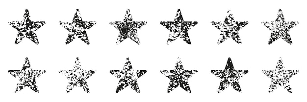 Набор форм звезды с гранжевой текстурой Грязная старая винтажная коллекция марок Ретро проблемная черная звезда