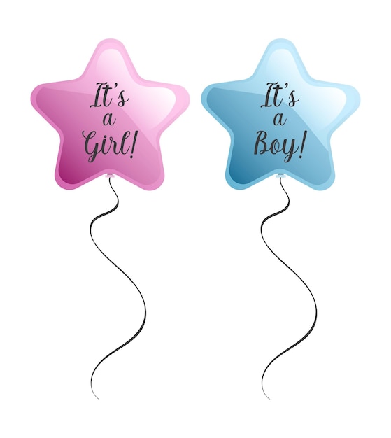 Star shaped pink and blue balloons with girl or boy text for gender reveal party isolated