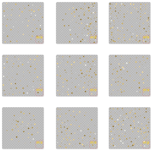 Vector star shaped various size golden glitter bits on transparent background  set of vector illustrations