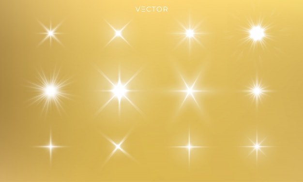 Vector star shine, golden light glow sparks,   bright gold sparkles with lens flare effect. isolated sun flash and starlight shiny rays