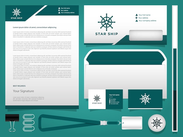 Star Ship logo with letterhead envelope and identity card template