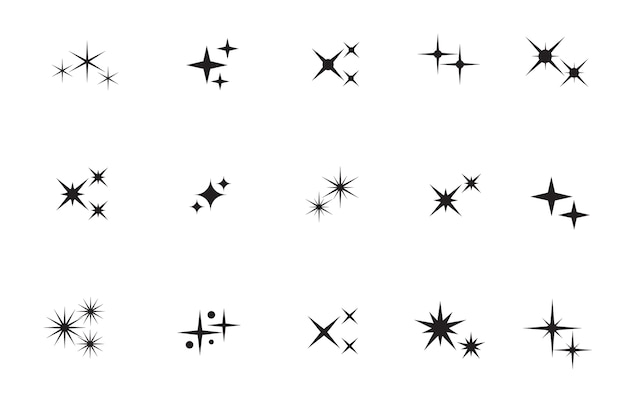 Звезда сверкает. звезды, мерцающие черные силуэты изолировали коллекцию. иллюстрация группы звезд и звездочек, сверкающие звезды, мерцающий силуэт