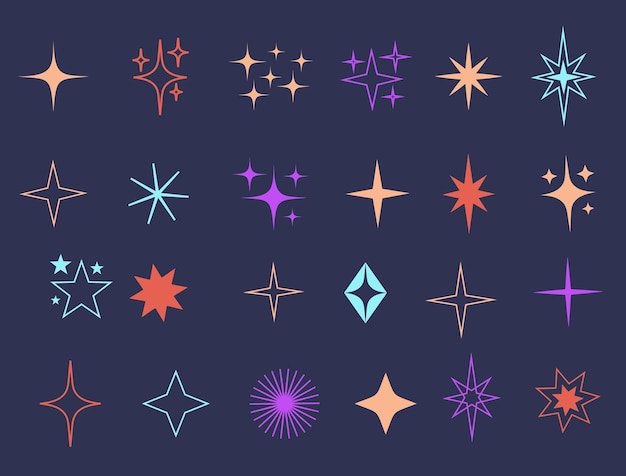 Vector star starburst sparkle space line art isolated set collection