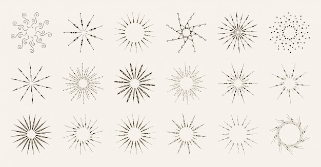 Set di elementi di design starburst, stile vintage. raggi di scoppio disegnati a mano alla moda della raccolta