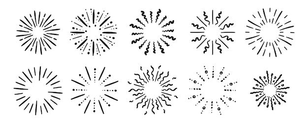 Starburst 손으로 그린 요소 Circle Sunburst 낙서 그리기 프레임 디자인 배지 또는 레이블 장식 추상 개요 버스트 스타 또는 불꽃 폭발 또는 광선 벡터 격리 아이콘 세트