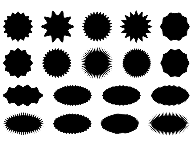 Set di adesivi starburst. distintivi neri a raggiera, isolati su etichette bianche dei prezzi delle stelle. rotondo e tagliente