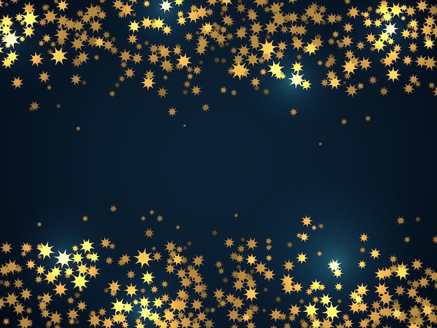 スターダストは紙吹雪を引き起こします。お祝いの装飾の輝くフレーム、黒い背景の光沢のある金の星、休日のパーティーのキラキラ光る粒子の装飾、クリスマスや新年のきらめき。コピースペースのベクトルポスター