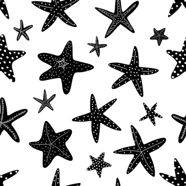 Starfish seamless pattern Black silhouette Atlantic star Marine Animal Vector print