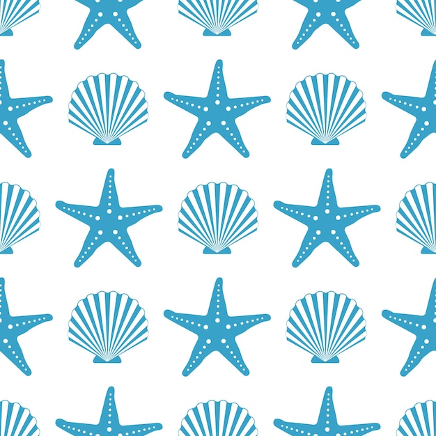 Starfish and seashell marine seamless pattern