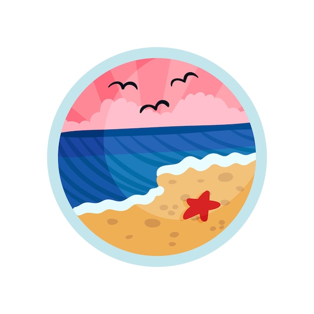 Starfish on the shore of the blue sea with white foam Silhouettes of seagulls against the pink sky Summer landscape in the form of a circle Vector illustration on white background