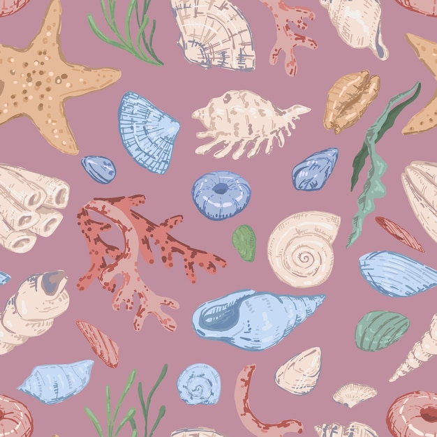 Starfishes shells stones seaweed coral sea ornament Abstract vector seamless pattern of underwater life Modern style pastel colors design