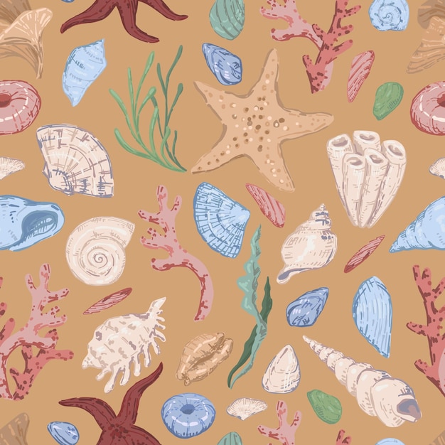 Starfishes shells stones seaweed coral sea ornament Abstract vector seamless pattern of underwater life Modern style pastel colors design