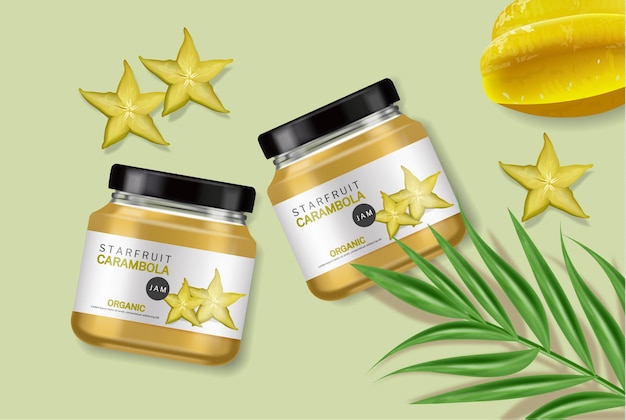 Starfruit jam vector realistisch biologisch glazen fles labelontwerp