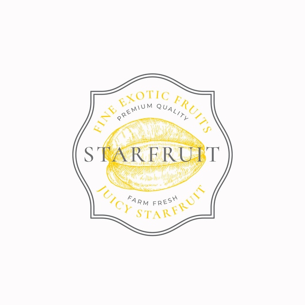 Distintivo cornice fornitori starfruit o modello logo schizzo di frutta disegnato a mano con tipografia retr...