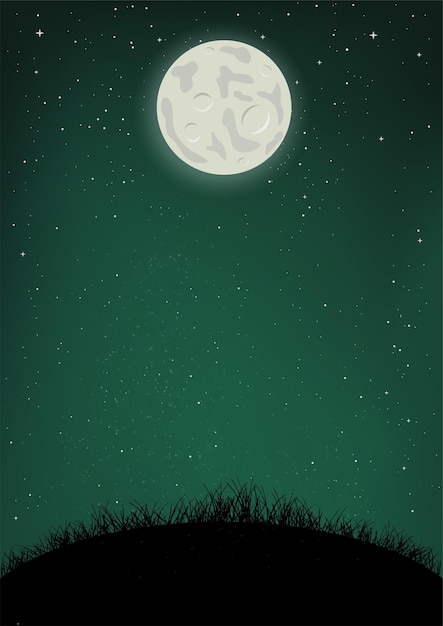 Vector starry moon night sky and ground grass
