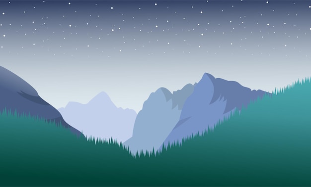 Starry mountain landscape in flat style vector illustration