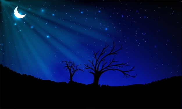 ベクトル 三日月の木と草のシルエットと星空の夜の背景ワイドスクリーン星空の夜