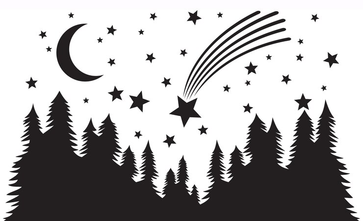 Vector starry night. forest, night moon and falling or shooting star.
