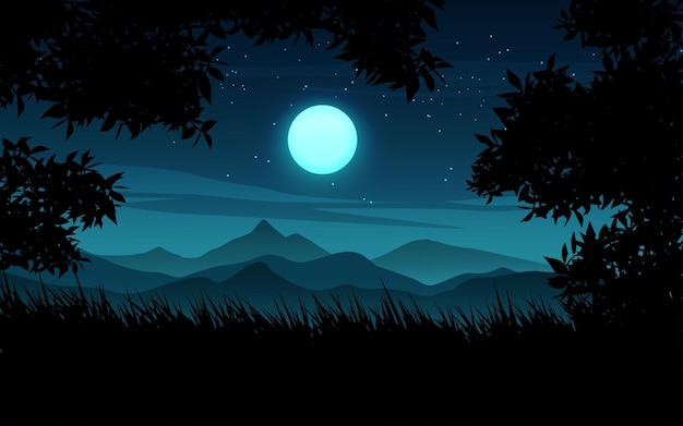 Vector starry night landscape with trees grass and the moon