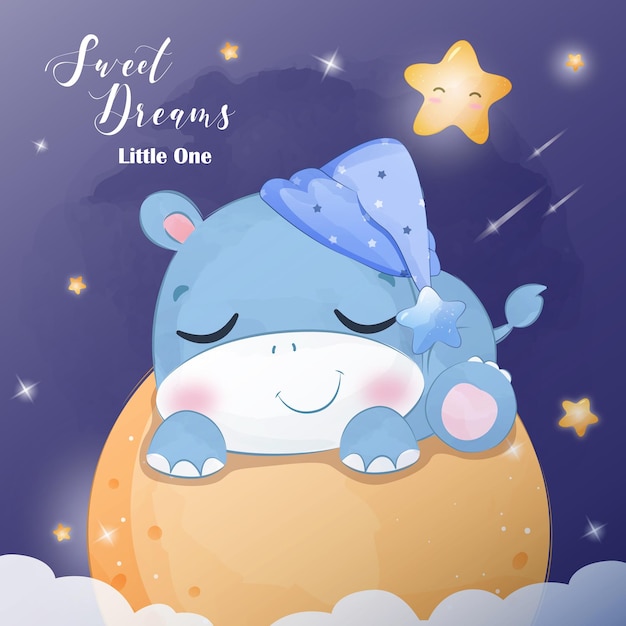 Starry Night Little Hippo in Watercolor Illustration