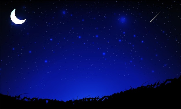 Vector starry night sky background with crescent moon and falling star