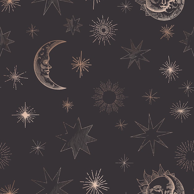 Starry night sky trendy seamless pattern, vintage celestial hand drawn background template of galaxy, space, moon, sun, stars for design, texture, textile, decoration. illustration in vector