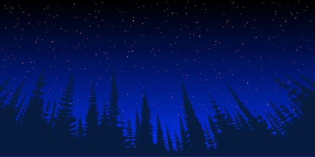 Vector the starry sky against the background of a dense forest, vector landscape
