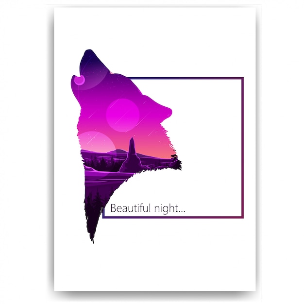 Starry sky, mountains, landscape in the form of a silhouette of a wolf