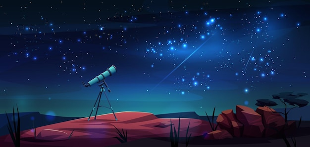 三脚の夜の風景に星空と望遠鏡