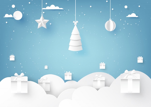 Stars,christmas tree and christmas ball hanging on blue sky winter background