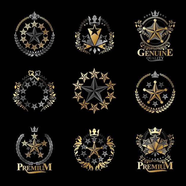 Vector stars emblems set. heraldic coat of arms decorative logos isolated vector illustrations collection.