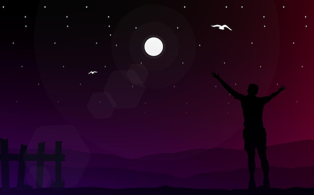 stars in the night. silhouette of a person in the night. freedom man walpaper. night sky with stars.