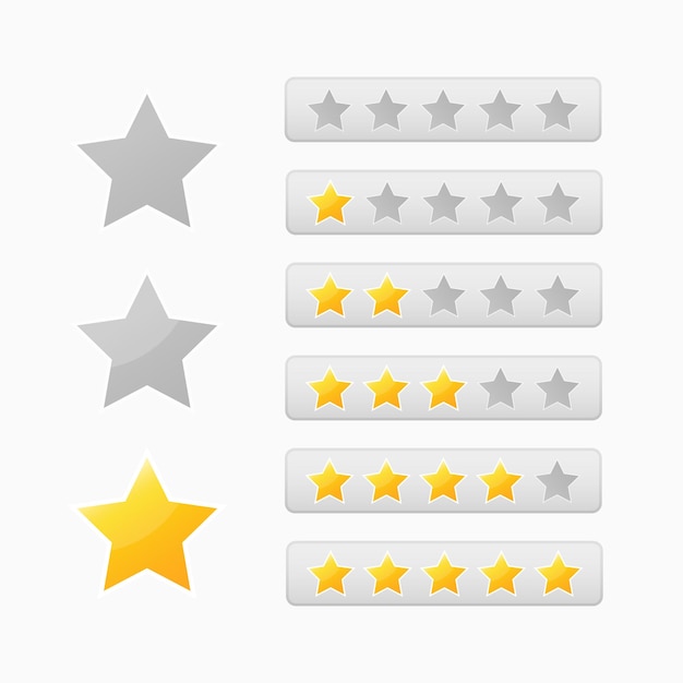 ウェブ用の星評価パネルデザインテンプレート。金の5つ星評価パネルのベクトルコレクション