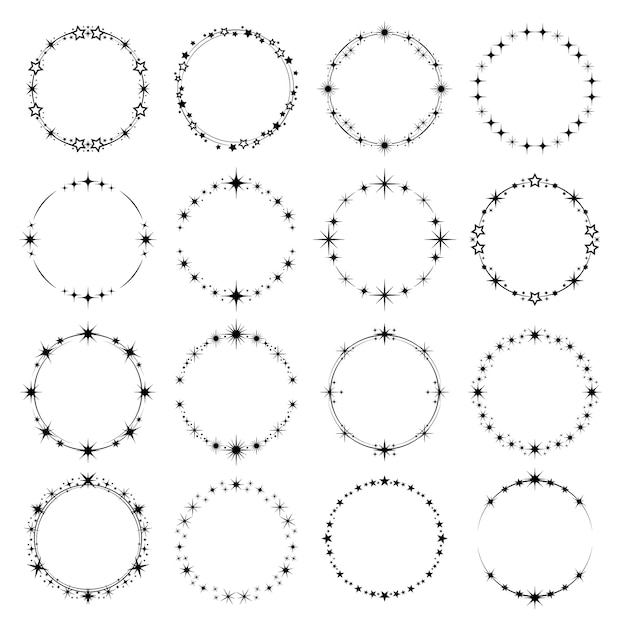 Cornici rotonde di stelle. stardust anelli brillano effetto partito vorticoso arrotondato moda cosmica stelle magiche vettore. cornice arrotondata stella, illustrazione monocromatica dell'asterisco ad anello