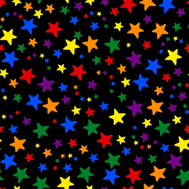 Stars a seamless pattern in the colors of the LGBT rainbow flag on a black background