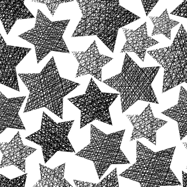 Stars seamless pattern, vector repeating black and white background with hand drawn lines textures.