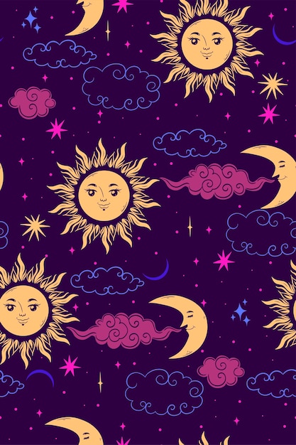 Stars sun and moon seamless pattern.