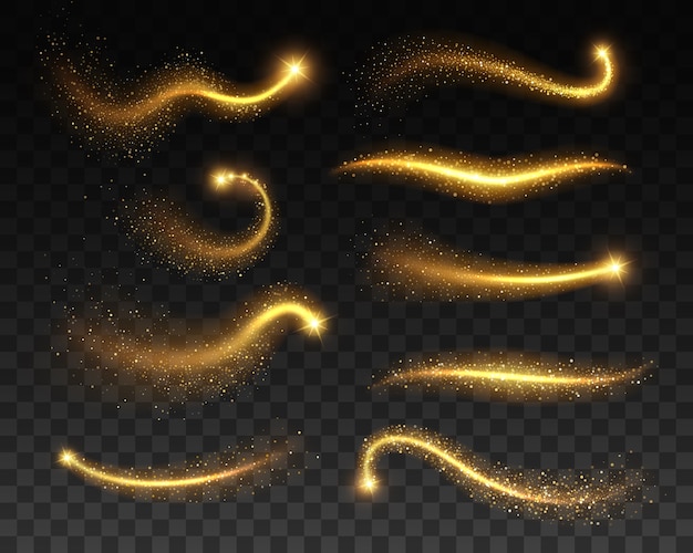 Stars with glowing golden sparkles,  light effects on transparent background. Bright shining glitter sparks of gold stars with waves of sparkling dust trail, Christmas, magic or space themes