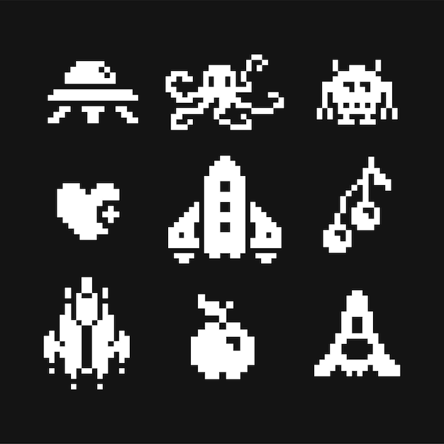 Vettore starship e mostri pixel art 1bit icon set emoji nero e bianco cuore mela e ciliegia isolato