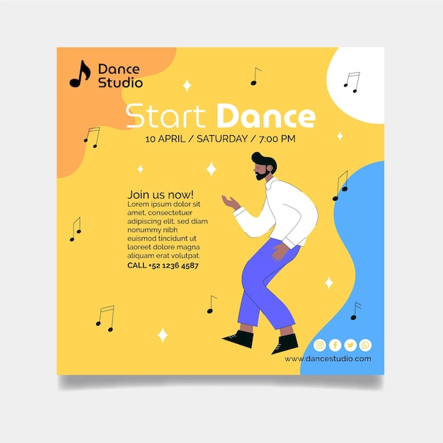 Вектор Шаблон флаера start dance в квадрате