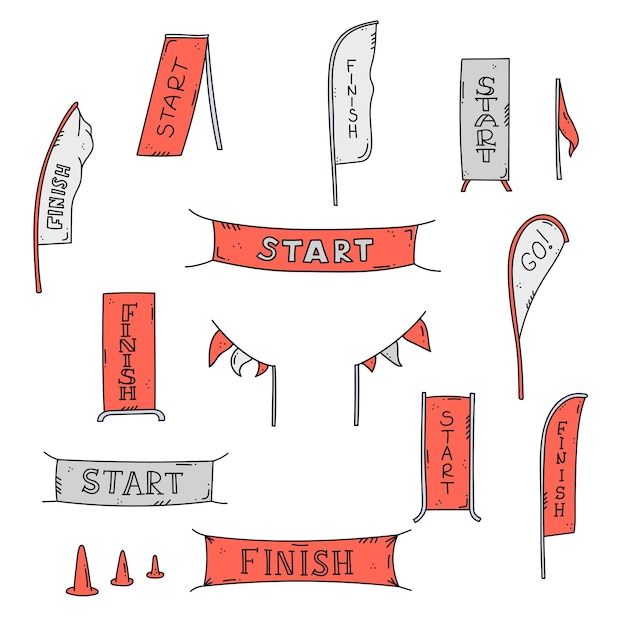 Start en finish banners of vlaggen voor buitensportevenementen. competitie race vectorillustratie