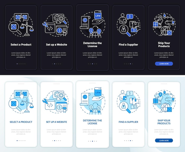 Start export business night and day mode onboarding mobile app screen walkthrough 5 steps graphic instructions pages with linear concepts ui ux gui template myriad probold regular fonts used