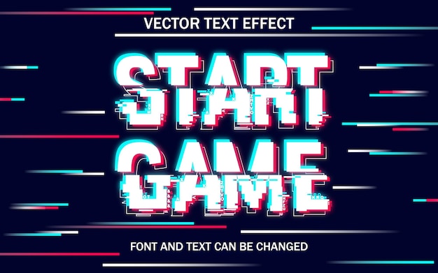 Start game glitch editable text effect digital distortion style vector illustration template