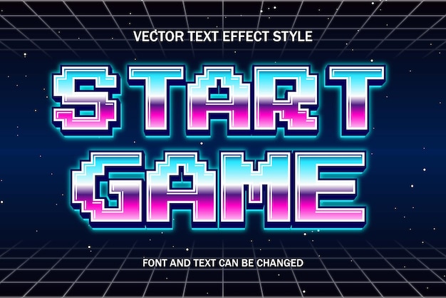 ゲームの開始ピクセル アート ネオン スタイル編集可能なテキスト効果フォント ゲーム ロゴ テンプレート背景デザイン