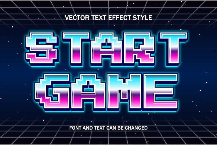 Vector ゲームの開始ピクセル アート ネオン スタイル編集可能なテキスト効果フォント ゲーム ロゴ テンプレート背景デザイン