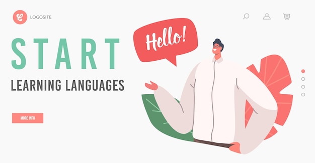 Vector start learning languages landing page template. male character speak on english language. teacher or student say hello, man communicate, university or online education. cartoon vector illustration